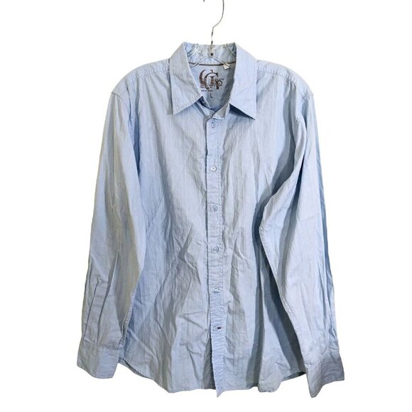 Guess Mens Button Up Shirt Large Light Blue Embroidered Back Long Sleeve Striped - Picture 1 of 5